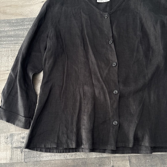 Flax Jeanne Engelhart Womens M Button front Shirt solid Black long slv linen - Picture 2 of 8